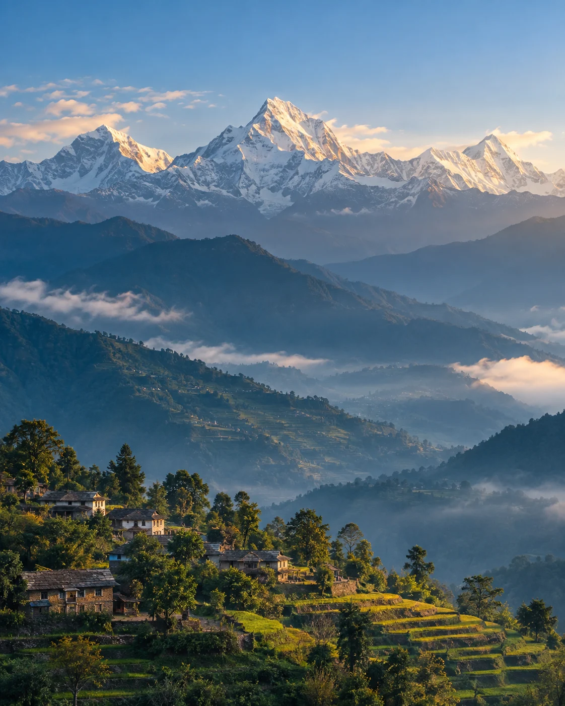 Illustrated vision of Himalayan peaks, terraced hills, and a Nepalese village